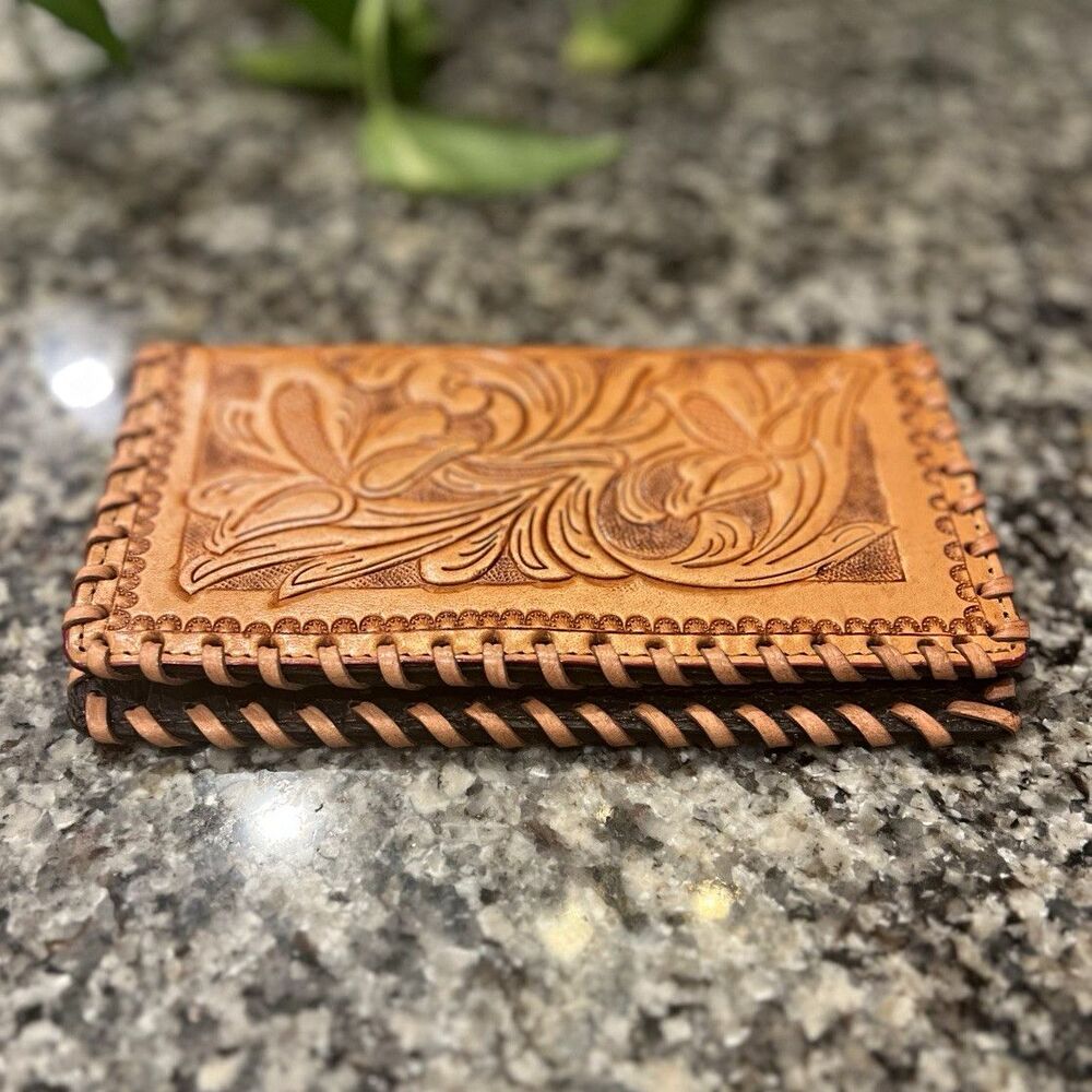 Hand Tooled Western Floral Men's Leather Bifold Checkbook Wallet